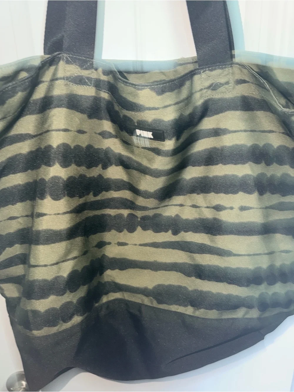 PINK Victoria's Secret Green and Black Striped Canvas Tote
